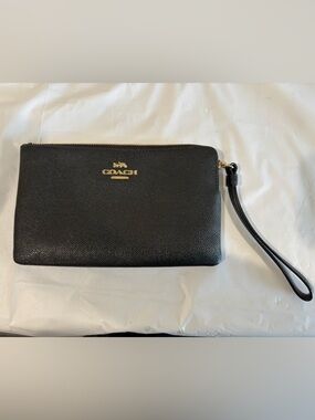 Coach Black Leather Zip Wristlet with Gold Logo